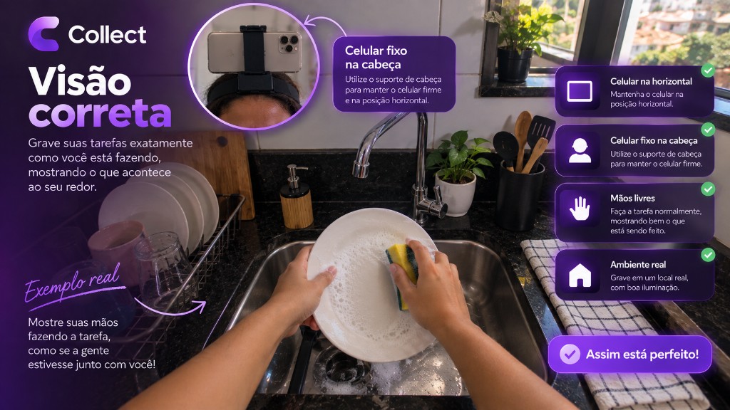 Visão correta: celular fixo na cabeça, gravação horizontal e mãos livres durante a tarefa